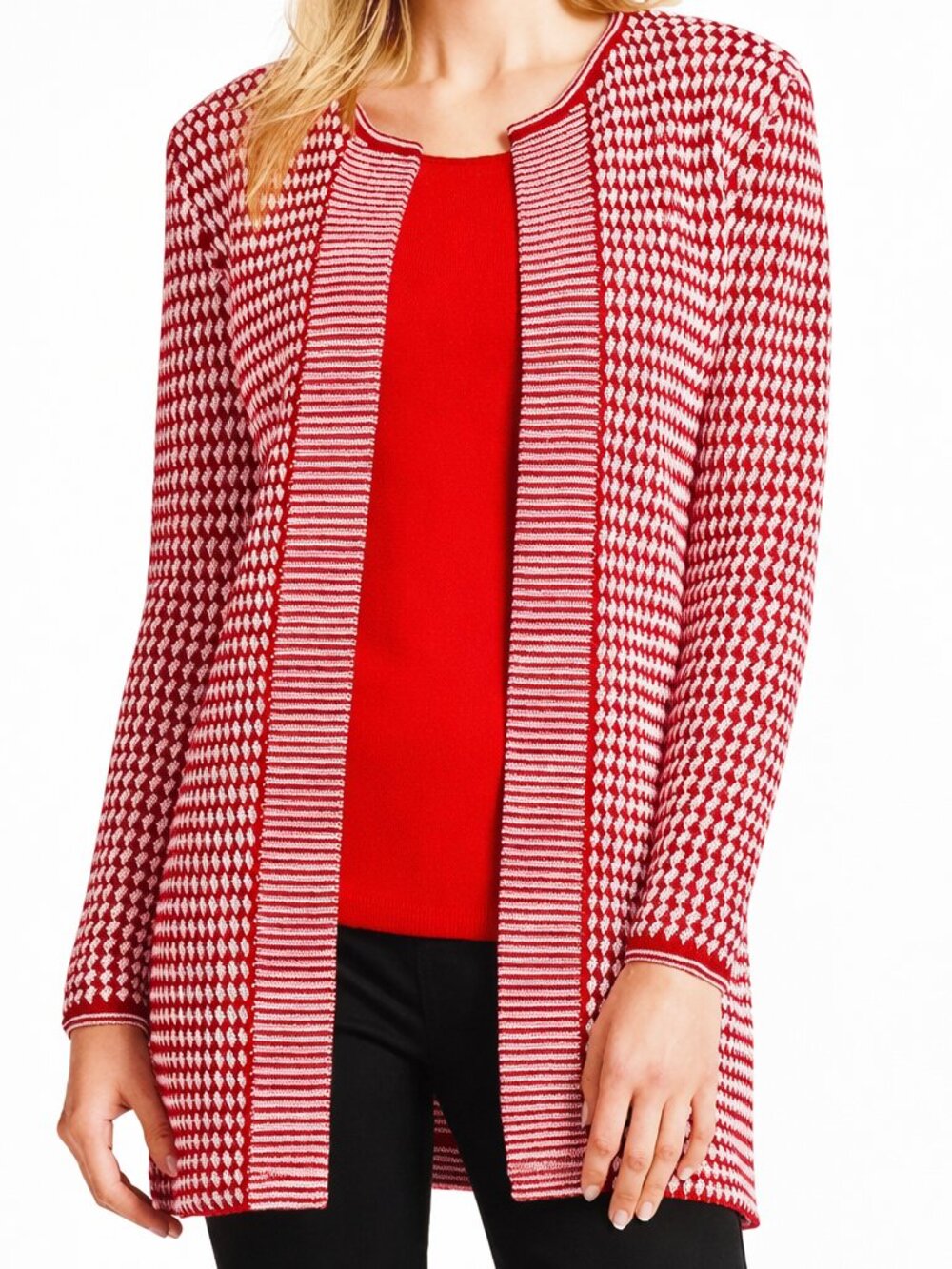 NWT Talbots Red & White Textured 100% Merino Wool Knit Open Front Cardigan SZ X